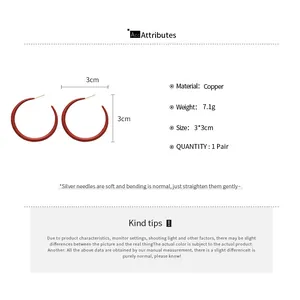 Detailed size specifications for red enamel hoop earrings with silver needles and copper base