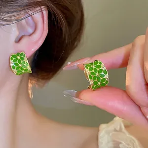 Vintage Green Enamel Flower C-Shape Hoop Earrings With Silver Earring Post Elegant Floral Jewelry For Women