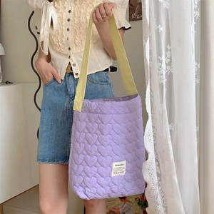 Purple heart quilted tote bag with yellow straps and large capacity for women