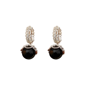 Vintage style gold plated earrings with black pearls and sparkling zircon accents