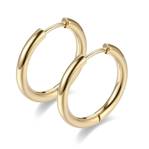 Polished gold titanium steel hoop earrings featuring a minimalist round design and glossy finish