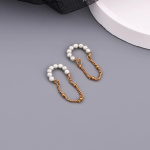 Elegant gold-plated pearl tassel ear clips with long chain drapes for women
