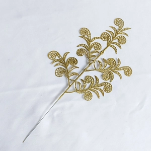 Golden glitter artificial leaf branch with scroll patterns for Christmas decoration