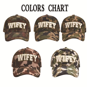 Five camo baseball caps with WIFEY 3D lettering embroidery in various camouflage patterns