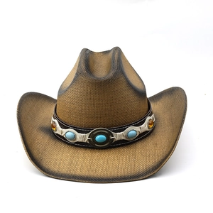 Brauner Cowboyhut aus feinem Geflecht mit Türkis-Verzierungen und Vintage-Krempe