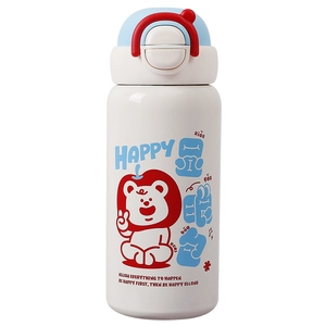 Cartoon dual-drinking stainless steel thermos bottle with blue and red bounce lid