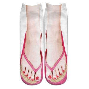 Funny 3D flip flop printed white socks showing realistic foot and pink sandal details