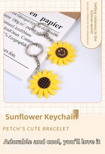 Detail of yellow PVC sunflower keychains with smiley face and grid pattern designs