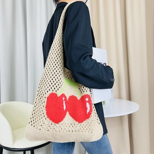 Beige knitted tote bag with red cherry pattern, large capacity crochet shoulder bag