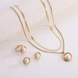 Elegant 18K Gold Plated Stainless Steel Faux Artificial Pearl Layered Necklace Earrings And Open Ring For Women Vintage Style