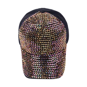 Close-up of black baseball cap featuring colorful rhinestones and premium studded detail