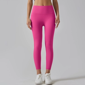 Detailed front view of high-waist rose pink yoga pants featuring seamless matte fabric finish