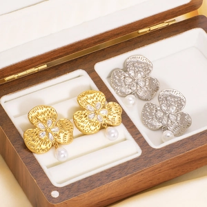 French vintage stainless steel clover earrings with diamonds and pearls in a wood box