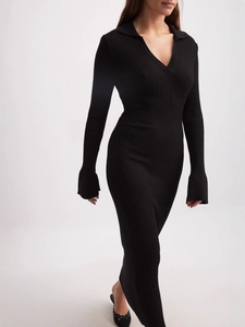 Elegant black long sleeve knitted maxi dress with V-neck collar and slim fit silhouette