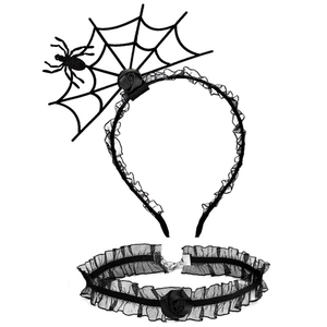 Halloween headband and lace choker set with black spider, web, and rose details