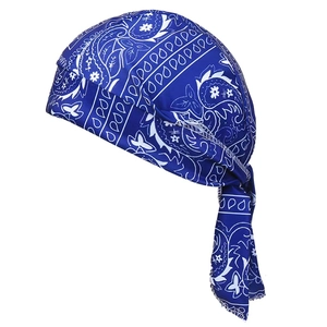 Navy blue paisley durag with long straps for cycling and streetwear style
