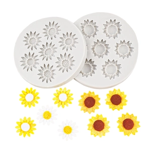 Daisy and sunflower silicone molds with colorful resin flower crafts on white background