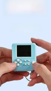 Mini classic handheld Tetris game console with keychain in light blue plastic