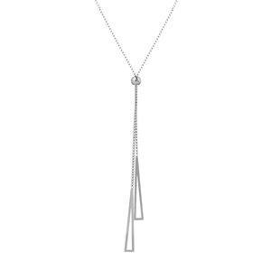 Detailed view of silver Y-shaped sweater chain with dual hollow triangle pendants