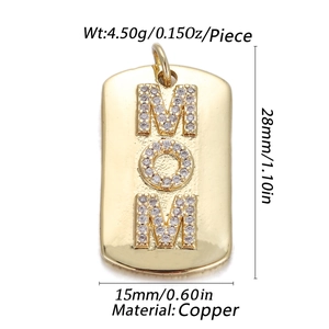 Detail of 14K gold plated rectangle pendant with crystal MOM letters and dimensions