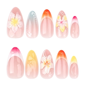 Almond press on nails with 3D colorful flowers and white polka dots on nude base