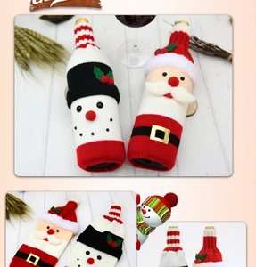 Detailed knitted texture of snowman and Santa wine bottle covers for Christmas decor