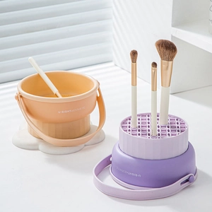 Silicone makeup brush cleaning bowl and drying rack set with portable handle