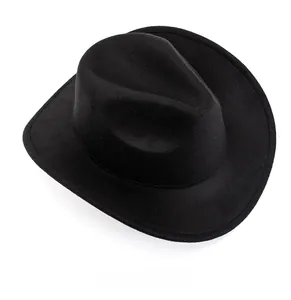 Top-down view of a black wool felt jazz hat showing the wide brim and classic crown shape