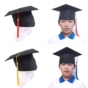 Classic black graduation cap with colorful tassels shown on a model and stand