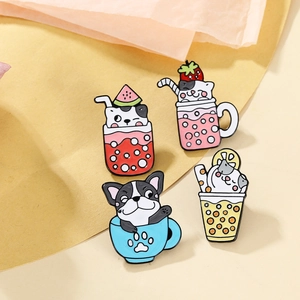 Set of four cute cartoon cat and bulldog enamel pins in colorful drink cups