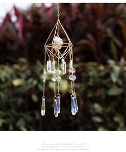 Macro view of geometric crystal suncatcher with gold metal frame and colorful prisms