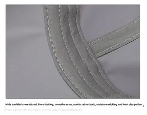 Detail of the widened thick sweatband with precision stitching on a grey sport cap