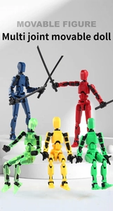 Detailed view of five articulated 3D robots in various colors with katana accessories
