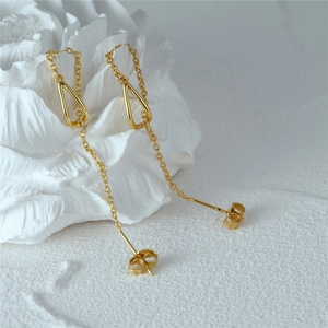 Close-up of gold S925 sterling silver long tassel earrings with hollow triangle charms