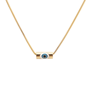 Minimalist gold Lucky Eye pendant necklace with blue and black enamel details on white background