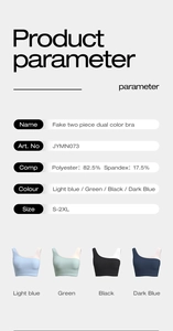 Detailed spec chart for high-impact sports bra showing polyester fabric and size guide