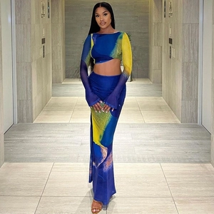 Chic two-piece set featuring a blue abstract print mesh crop top and slim maxi skirt