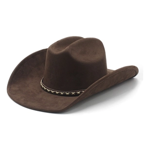 Detail of dark brown suede cowboy hat texture with classic braided decorative band