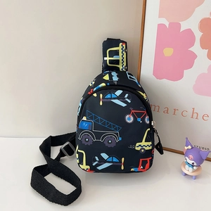 Close-up of kids chest bag with colorful cartoon vehicle print and adjustable strap