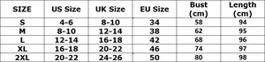 Detailed size chart for high waist elastic printed maxi skirt with US, UK, EU measurements