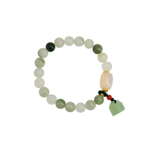 Ethnic lotus seed pendant beaded bracelet in green white and pink with ruyi lock charm