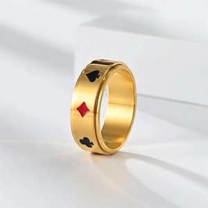 Golden titanium steel poker card spinner ring with spade heart club diamond patterns