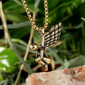 Vintage gold angel wing pendant necklace in stainless steel with a sturdy box chain