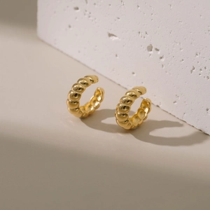 French vintage 18K gold plated C-shaped clip-on earrings with elegant spiral texture