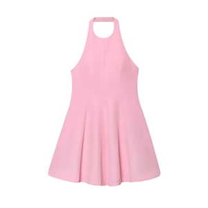 Pink halter neck sleeveless dress with backless design and A-line wavy hem for women