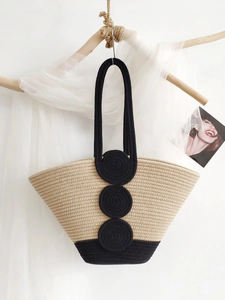 Women Woven Tote Bag Cotton Rope Straw Beach Vacation Shoulder Handbag Large Capacity Contrast Color Fashion Casual