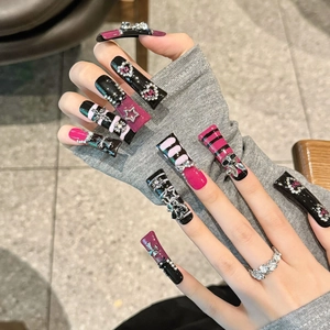 Extra-long square press-on nails in black and pink gothic style with 3D silver charms