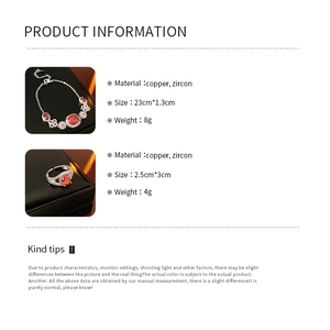 Detailed size and weight specs for the zircon flower bracelet and ring jewelry set