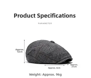 Detailed dimensions of gray herringbone wool flat cap with height and weight specs