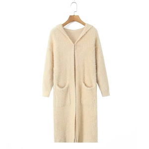 Long hooded knit cardigan for women in soft beige plush fabric with large front pockets